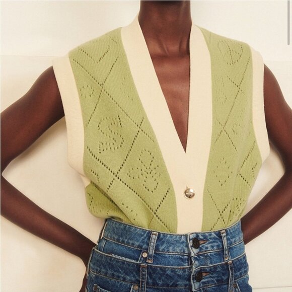Sandro Paris Espoir Oversized Perforated Wool Cardigan Vest Sage Green Sz 1 / S - Picture 2 of 16